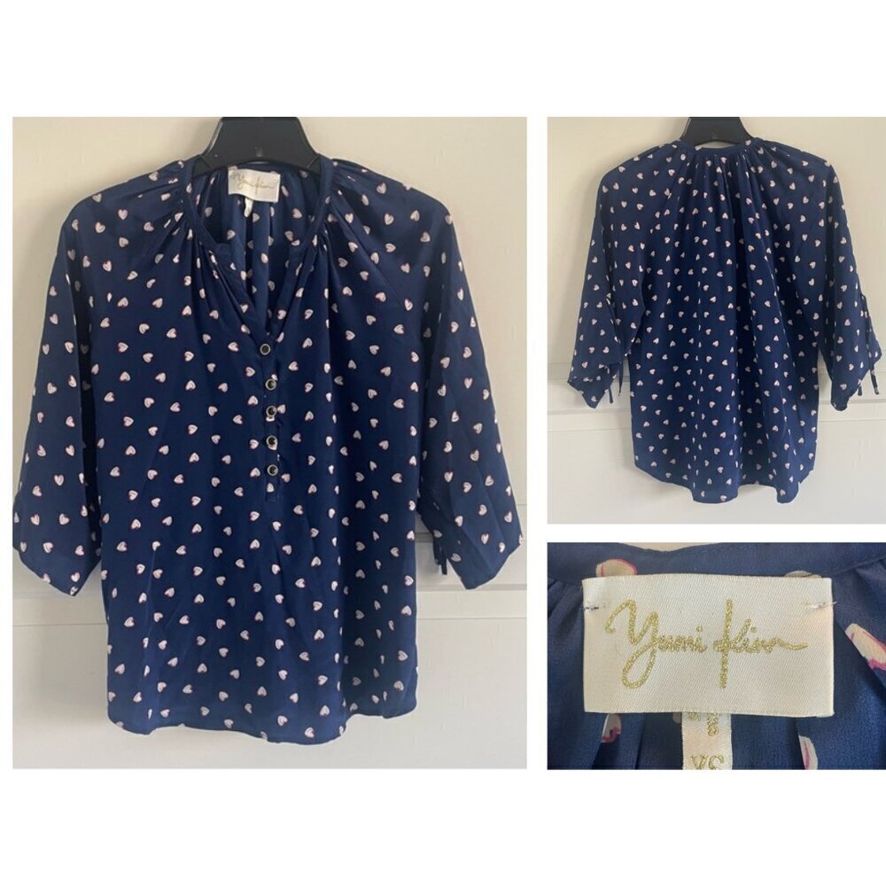 Yumi Kim Blue Tan Pink Heart Print Silk Blouse Top 20619